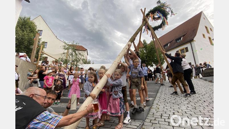 Das Aufstellen des Kirwabaums ist eine Spitzen-Leistung von Klein und Groß. Bild: aub