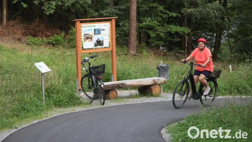 Der Rad- und Fußgängerweg "Hubmannsteig" führt in Serpentinen von der Schwefelquelle hinauf zum Schwandorfer Weinberg. Entlang der Strecke befinden sich Ruhebänke und Info-Tafeln, die auf die Bedeutung des Waldes als Klimaschützer und Holzlieferant hinweisen. Bild: Hirsch
