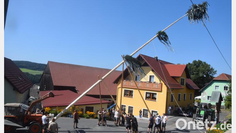 Wie am Schnürchen läuft in Woppenrieth das Unternehmen &quot;Baumaufstellen&quot;. Die Burschen hieven das Kirwawahrzeichen in die Senkrechte. Bild: fz