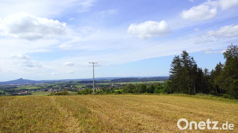 Zwischen der Fichtengruppe auf der rechten Seite und dem Hochspannungsmast auf der linken soll der 40 Meter hohe Mobilfunkmast installiert werden. Ein Schotterweg führt dorthin, der auch zum sogenannten „Königsee“, eines ehemaligen Basaltsteinbruchs, führt. Bild: bkr
