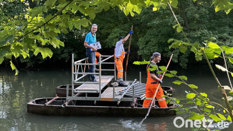 Keine ganz gewöhnliche Bootstour, sondern Brückenprüfer bei der Arbeit auf der Vils in Amberg. Bild: Heike Unger