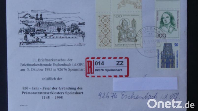 Gedenkumschlag 11. Briefmarkenschau anläßlich 850-Jahr-Feier Kloster Speinshart: Brief mit Einschreibzettel Speinshart Bild: rn