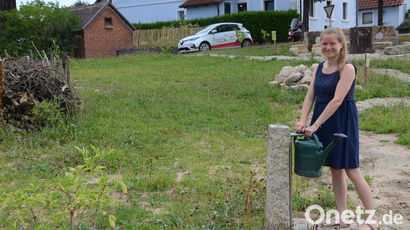 Romy Lottner, Sachgebietsleiterin für Klima-, Umweltschutz und Energie bei der Gemeinde, begleitete die Anlage des Blühgartens in Göppmannsbühl von Anfang an. Bild: ak