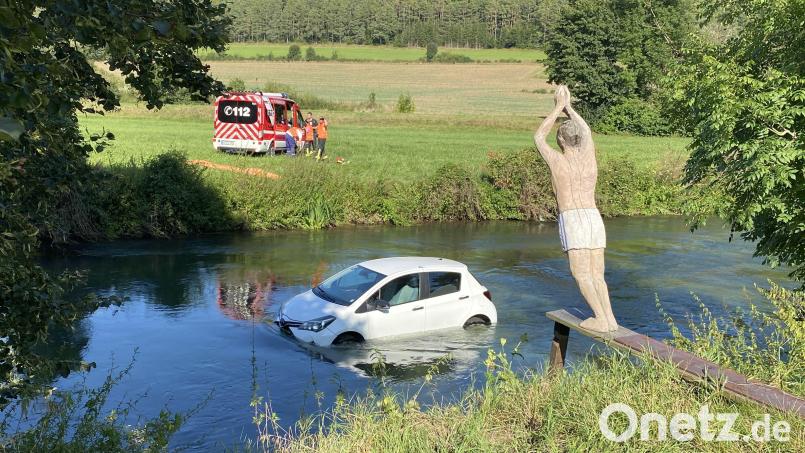 Dieses kuriose Bild bot sich den Einsatzkräften nach einem Unfall bei Schmidmühlen: Dort war am Donnerstag ein weißer Toyota in die Vils gerollt - genau an der Stelle, an der am Ufer eine Schwimmer-Skulptur aus Holz zum Sprung in die Vils ansetzt. Bild: Polizei Amberg