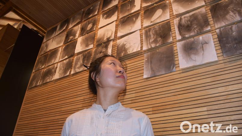 Die Künstlerin Jiaying Wu hat an der Wondreb und am Mühlbachgraben jede Menge Tusche-Kunstwerke gefertigt, die sie bei der Vernissage ihrem Publikum präsentierte. Im Bild sind die &quot;Flussmalereien&quot; vom Mühlbachgraben zu sehen. Bild: ubb