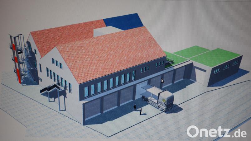 Nach der Entwurfsplanung könnte ein Umbau des bestehenden Feuerwehrhauses die städtebaulichen Vorgaben für Pfreimd einhalten. Das Gebäude würde sich in das Stadtbild einfügen. Grafik: Architekturbüro Naumann/exb