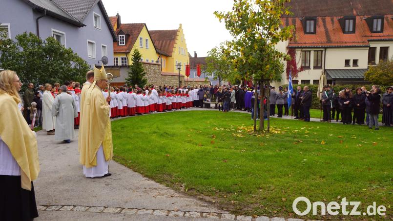 Viele Gläubige und Vereine hießen Bischof Rudolf Voderholzer im Park beim Gesellenhaus willkommen. Bild: bkr