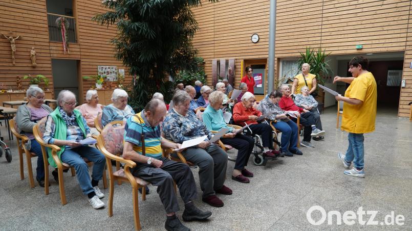 Seit ein paar Monaten gibt es im BRK-Seniorenzentrum Haus Falkenstein in Kemnath einen Chor. Die &quot;Falkenstein Singers&quot; um Chorleiterin Elke Engl treffen sich derzeit regelmäßig, um für das anstehende Oktoberfest zu proben. Bild: kaz
