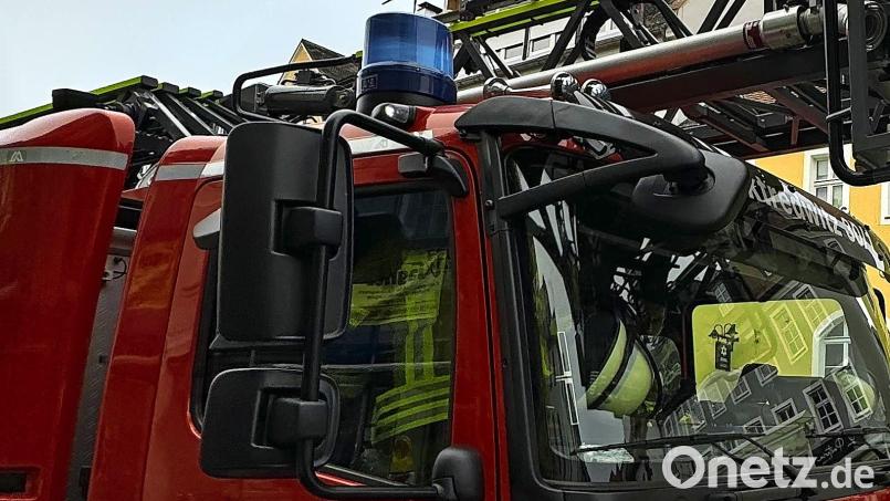 Mit der Drehleiter und einem weiteren Einsatzwagen rückte die Feuerwehr am Dienstagmittag an. Bild: Matthias Bäumler/fph