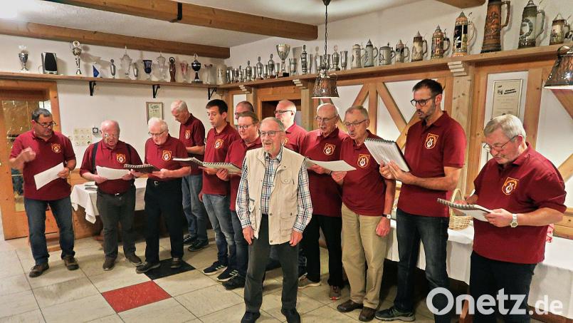 Hochleben ließ der Männergesangverein „Frohsinn“ sein Mitglied Meinhard Rückerl (vorne). Zum 80. Geburtstag gratulierten die Sänger im Gasthof „Goldener Engel“ mit einem Ständchen. Bild: bsc