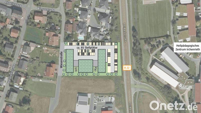 Das geplante Pflege- und Gesundheitszentrum Oberpfalz-Nord in Irchenrieth liegt direkt an der Bundesstraße 22. Bildmontage: Architekturbüro Theo Nutz