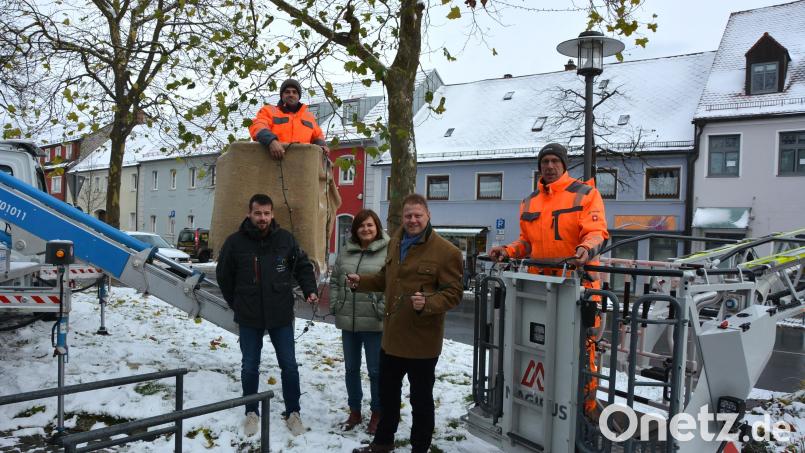 Die Installation der neuen Weihnachtsbeleuchtung übernahm der Bauhof der Stadt Mitterteich. Wolfgang Rosner (links hinten) und Joachim Sommer (rechts) waren federführend mit den Arbeiten betraut. Ralf Kirschke (links), Martina Rüth (Stadtverwaltung) und Bürgermeister Stefan Grillmeier überzeugten sich vom Baufortschritt. Bild: jr