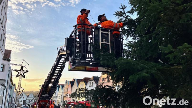 Mitarbeiter des Städtischen Bauhofs schmücken den Weihnachtsbaum vor dem Landratsamt Neustadt/WN mit Lichterketten. Bild: Gabi Schönberger