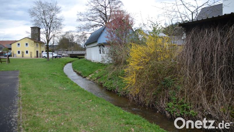 Der Löschwitzer Ortsbach bringt bei Hochwasser Überschwemmungsprobleme mit sich. Deshalb musste der geplante Neubau des Feuerwehrgeräte- und Gemeinschaftshauses (links) weiter hangaufwärts (im Bild nach links) geschoben werden. Das alte Gerätehaus (linker Bildrand) soll abgerissen werden. Bild: ak