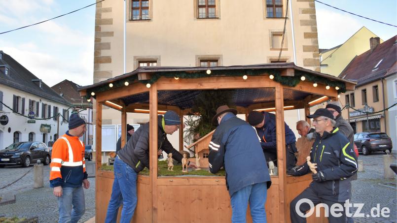 Einige Mitglieder der Schnitzrgemeinschaft Grafenwöhr haben die Weihnachtskrippe vor dem Rathaus wieder aufgestellt. Bild: rgr