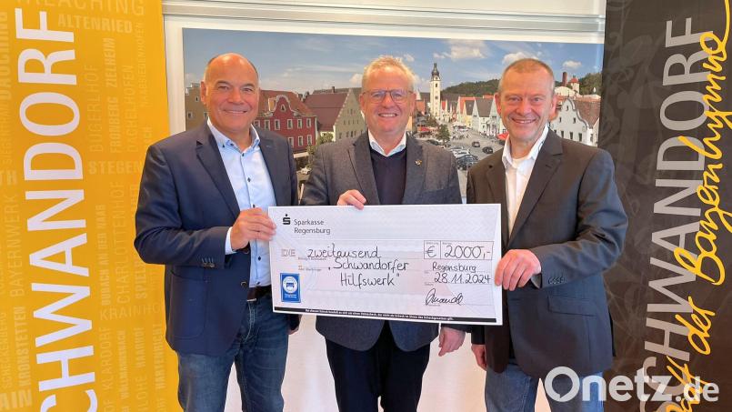 Oberbürgermeister Andreas Feller (Mitte) bedankt sich bei Stefan Brandl (links) und Thomas Liebl (rechts) für die vorweihnachtliche Spende. Bild: Stadt Schwandorf, Andreas Hofmeister/exb
