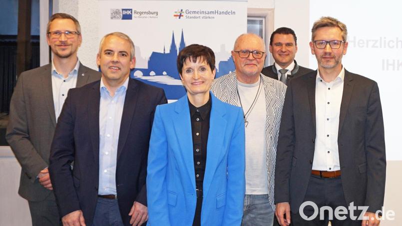 Diskutierten über künftige Entwicklungen in der Region (von links): IHK-Gremiumsgeschäftsführer Josef Ebnet, Vertreter VEA Dirk Vogt, die Geschäftsführerin der Bayernwerk Netz, Gudrun Alt, IHK-Gremiumsvorsitzender Hubert Döpfer, Landrat Thomas Ebeling und der Leiter des Bayernwerk-Kundencenters Schwandorf, Daniel Liegl. Bild: IHK/Birgit Dinauer/exb