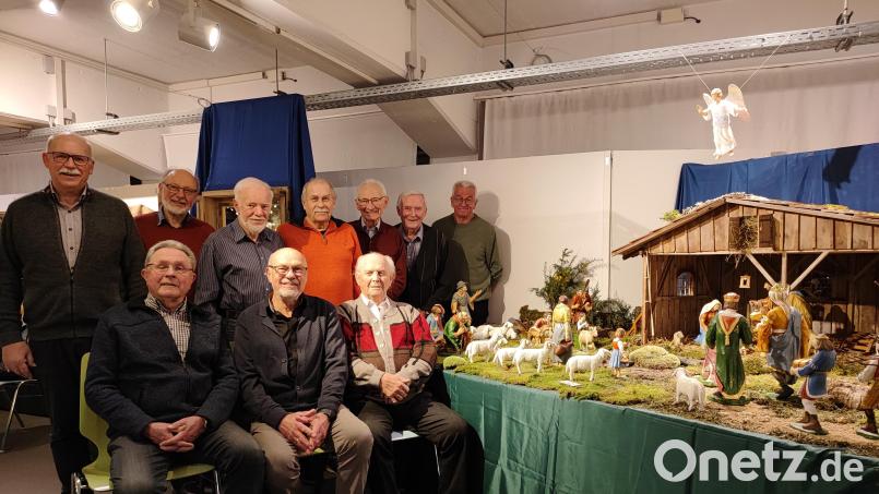 Die Mitterteicher Schnitzer neben der neuen Kirchenkrippe: Reihe hinten stehend, von links: Peter F. Dotzauer, Rainer Gottas, Helmut Härtl, Manfred Dietz, Reinhold Csakli, Hermann Burger, Josef Kick; Reihe vorne sitzend, von links: Hans-Günther Pietschmann, Josef Reichl, Wilhelm Daubner. Bild: Stefanie Schreiner/exb