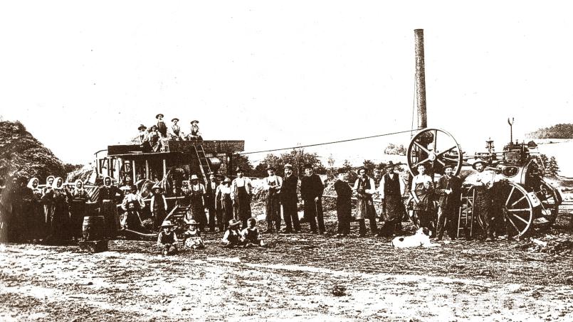 Das Foto der mobilen Dreschanlage auf einem Feld bei Schönhaid entstand in der Blütezeit der damaligen Genossenschaft &quot;Franz Joseph Käß et Compagnie&quot;. Bild: Archiv Werner Robl