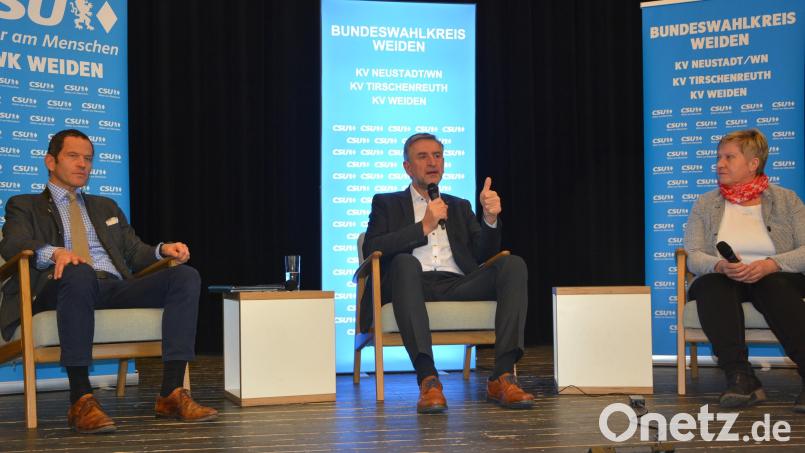 CSU-Bundestagsabgeordneter Albert Rupprecht und Bauernpräsident Günther Felßner (von links) stellten sich den Fragen der Zuhörer. CSU-Listenkandidatin und Kreisbäuerin Irmgard Zintl moderierte die Runde. Bild: jr