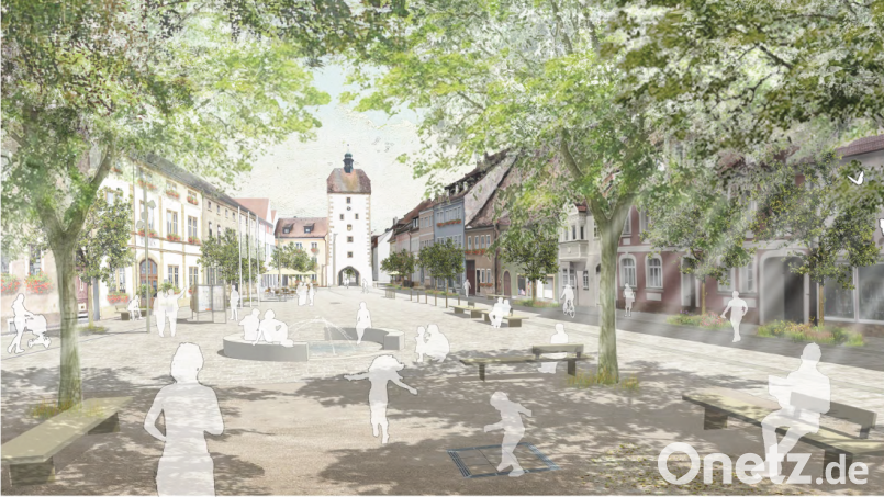 In dieser Entwurfsansicht mit Blick Richtung Vogelturm sieht man in etwa die neue Gestaltung des Marktplatzes. Grafik: Planungsbüro Holl-Wieden aus Würzburg