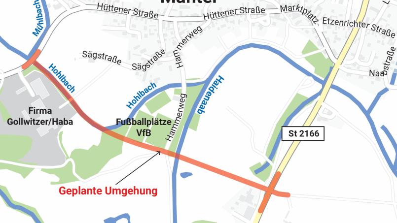 Fahrzeuge, die aus Richtung Hütten kommen, sollen kurz vor Mantel rechts abbiegen können und auf der geplanten Umgehungsstraße rund 900 Meter um den Markt herum fahren bis sie auf die Staatsstraße 2166 von Weiden nach Freihung kommen. Quelle: Staatliches Bauamt Amberg-Sulzbach Grafik: Laura Fröhler