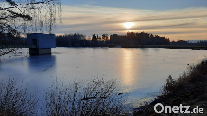 In den vergangenen Tagen war der Feisnitz-Stausee bei Arzberg mit einer Eisschicht überzogen. Auch im Winter genießen viele Menschen die Ruhe in dem Naherholungsgebiet. Links im Bild der Entnahmeturm für das Wasserkraftwerk. Bild: Christl Schemm