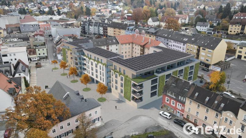 Das ist die überarbeitete Planung des Wohnquartiers im Winkel. Optisch stechen die größere Parkgarage, die Fassadenbegrünung und die Photovoltaikanlage auf dem Dach hervor. Bild: Architekturbüro Sticht, Vision-W