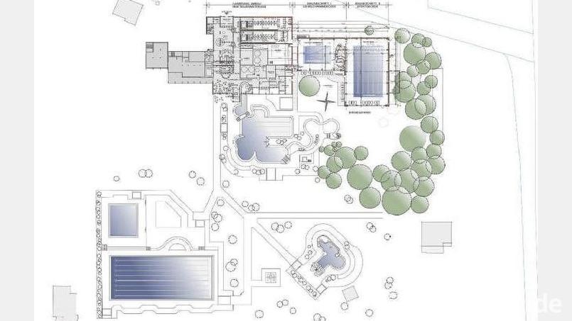 Das Freibadgelände in Perschen. Die Skizze aus der Machbarkeitsstudie zeigt oben rechts das Hallenbad, das ein Lehrbecken und das 25-Meter-Becken bieten soll. An dieser Stelle ist aktuell ein Volleyballfeld. Bild: Büro Stürzl (SPP)/exb