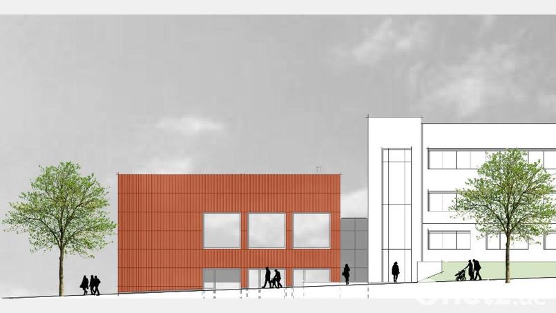 Das neue Gebäude für den Sitzungssaal und Besprechungsräume (rot) soll an den neuen Trakt des Landratsamts (rechts) anschließen. Der Entwurf zeigt die Ansicht von der Schwimmbadstraße aus. Bild: Winkler Architekten/exb