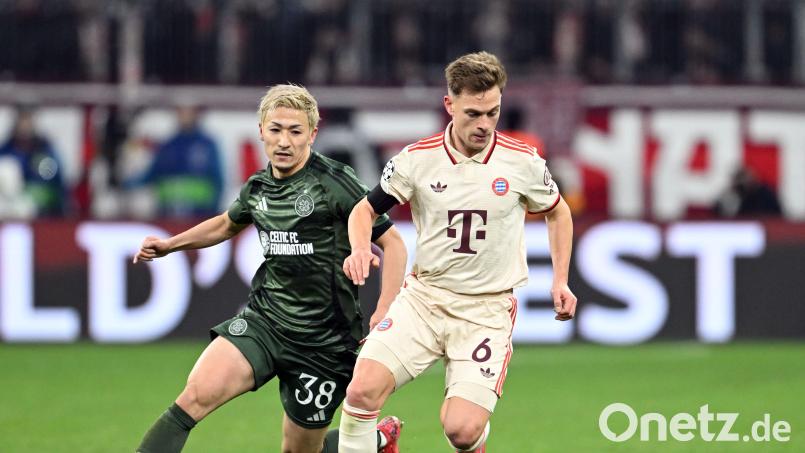 Bayerns Joshua Kimmich (rechts) im Duell mit Daizen Maeda von Celtic Glasgow. Bild: Sven Hoppe/dpa