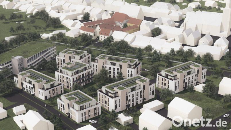 So soll die Wohnanlage einmal aussehen. Blickrichtung von Nordwesten auf die Altstadt mit Kirche (rechts oben) und Rathaus (oben Mitte). Grafik: W. Markgraf GmbH &amp; Co KG