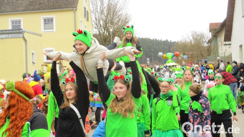 Die AWO Tanzgruppe Grün-Weiß Oberviechtach begeistert beim Faschingszug in Gleiritsch mit schöner Akrobatik. Bild: bnr