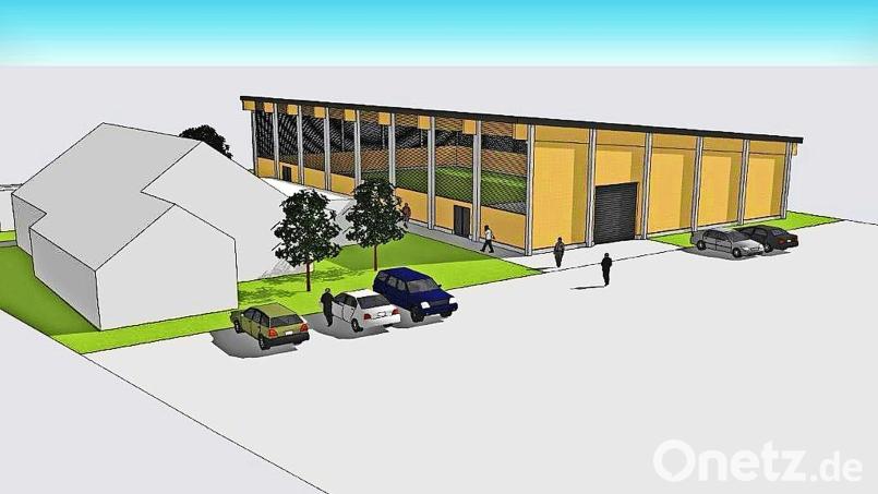Der Entwurf für die &quot;Hammerrang-Arena&quot;, eine Halle mit Kunstrasen: Das Gebäude wird hinter dem Sportheim (links) stehen. Im Vordergrund bleibt der große Parkplatz. Grafik: Peter Velme/Roland Richter