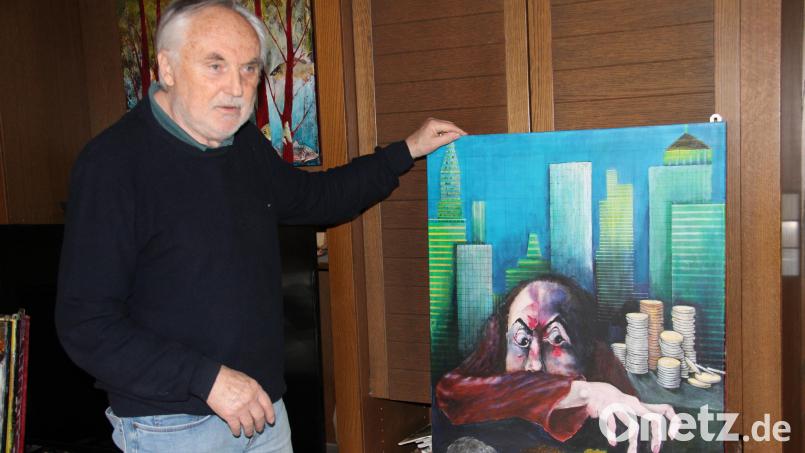 Ernst Umann stellt in der Ausstellung &quot;Quo Vadis&quot; seine neuen Werke aus. Die hat er zum Großteil auf die Leinwände gemalt, auf denen vorher seine sieben Todsünden zu sehen waren. Bild: prh
