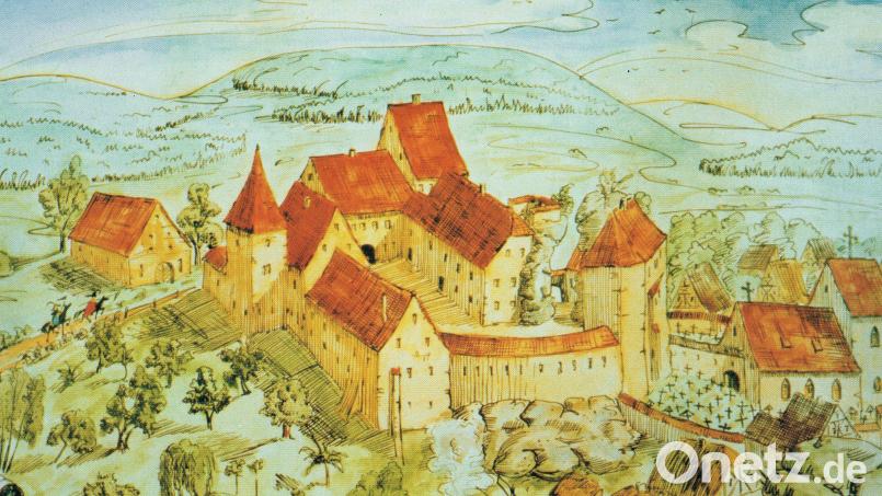 Eine Zeichnung aus dem 16. Jahrhundert zeigt, wie die Burg Königstein einmal ausgesehen hat. Der Grundriss, das Turmuntergeschoß und einige Gebäude stehen noch Bild: Archiv Heidi Kurz