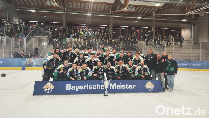 Die Bezirksliga-Meister des EHC Mitterteich bejubeln den Aufstieg in die Eishockey-Landesliga. Bild: Verein/EHC Mitterteich