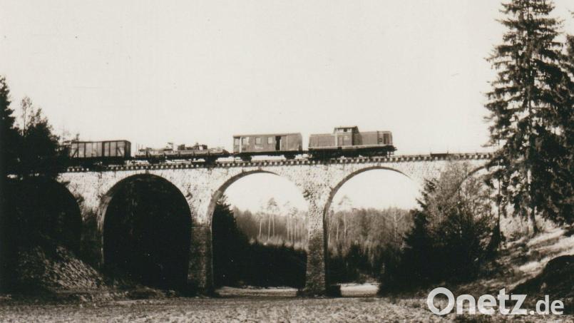 Ein historisches Foto zeigt einen Güterzug, der gerade über die Hoibrücke fährt. Bild: Archiv Franz Mädler