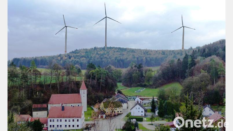 So oder so ähnlich kann es in Pfaffenhofen aussehen, wenn der Windpark „Warth“ Wirklichkeit wird. Bildmontage: jp