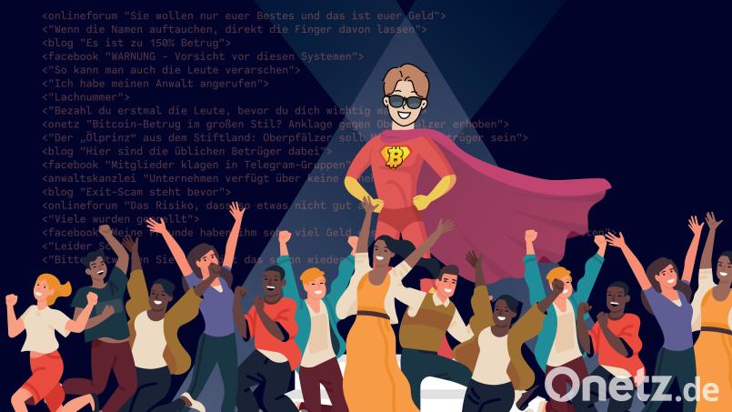 In der Öffentlichkeit präsentierte er sich als Bitcoin-Superheld, und auch viele Menschen feierten ihn als solchen. Doch im Hintergrund, das legen Recherchen nahe, zockte der Oberpfälzer die Leute mit seinen Firmen ab. Im Netz werfen ihm viele Betrug vor, am Sonntag wurde er nach langer Suche in Spanien festgenommen. Grafik: Jakob Graf