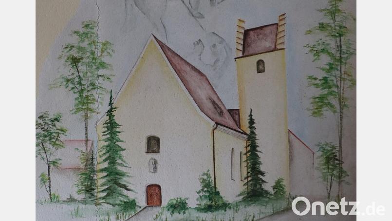 Das von Malermeister Johann Frind im Jahr 1991 gemalte Bildnis der St.-Georgs-Kirche ziert die Wirtsstube des Gasthauses &quot;Zum Hirschen&quot;, das sich in direkter Nachbarschaft der Kirche befindet. Bild: Michael Rabenhofer