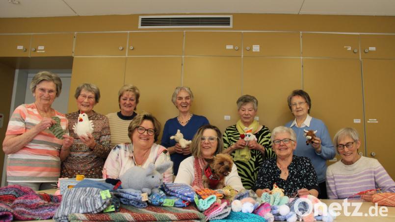 Insgesamt 2.332 Artikel aus Wolle fertigten die aktuell elf Damen der Neustädter Strickrunde im letzten Jahr. Ein Renner sind seit zwei Jahren die Kuscheltiere von Regina Bürger (sitzend, Zweite von links), die ab und an auch ihren Yorkshire Mac in die Runde mitbringt. Bild: prh