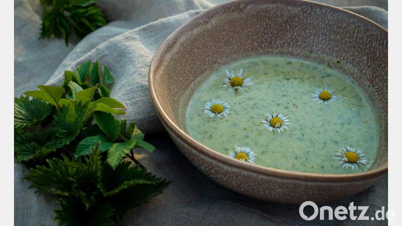 Maria Müller aus Pechbrunn, Fachfrau für essbare Wildpflanzen, kochte diese Neunkräutersuppe mit Gänseblümchenblüten als Dekoration, Brennnesselblättern, Giersch und Löwenzahn. Die Suppe ist die Vorspeise ihres Drei-Gänge-Menüs aus Wildkräutern. Bild: Rebekka Müller/exb