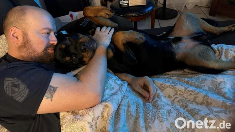Ein starkes Team: Der US-Army-Veteran Dennis Dale McQuay und sein Assistenzhund Tank. Bild: Michelle Schubert/exb