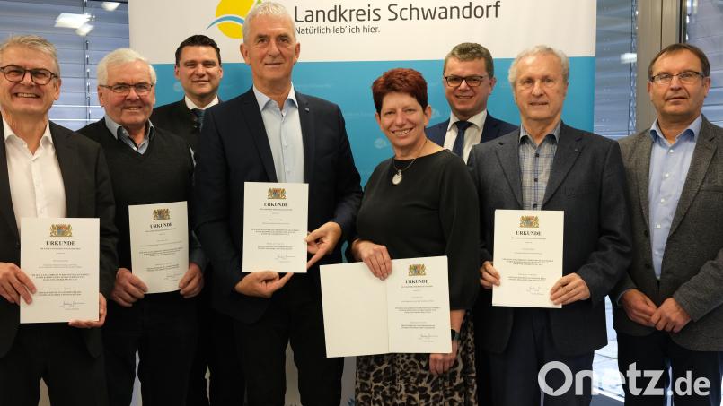 Verleihung der kommunalen Dankurkunde des bayerischen Innenministers (von links): Martin Scharf, Johann Eckl. Thomas Ebeling, Walter Drexler, Margit Reichl, Marin Birner, Hans Müller und Norbert Auer. Bild: Hirsch