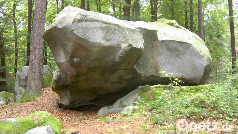 Als wahrer Koloss und wohl größter Kallmünzer in Deutschland beherrscht der Zyprianstein die Kallmünzer-Blockfeldszene auf dem Steinberg im Rinnenbrunner Forst. Die Flurbezeichnung Steinberg könnte als Indiz für das gehäufte Vorkommen dieser Steine in diesem Waldstück gelten. Bild: wsl