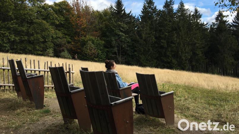 Sieben hölzerne Klappstühle, die an Kinosessel erinnern, laden Wanderer ein, den Ausblick über die Waldlandschaft des Böhmerwalds zu genießen. Bild: Maximilian Hohlheimer