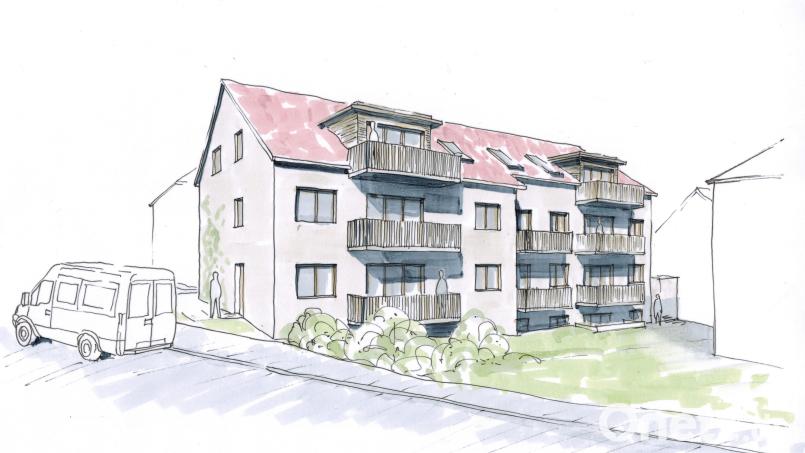 In der Rosenberger Straße an der B 14 soll dieses Mehrfamilienhaus mit neun Wohnungen nach dem KfW-Standard 40 entstehen. Der Baubeginn ist für Herbst vorgesehen. Bild: MK Architekten/exb