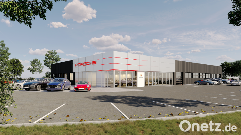 So wird sich das neue Amberger Porsche-Zentrum an der B 85 mit moderner Optik und neuem Konzept in Zukunft präsentieren. Grafik: Porsche Deutschland