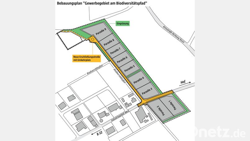 Der Bebauungsplan für das neue Oberviechtacher Gewerbegebiet am Biodiversitätspfad, angrenzend an das Industriegebiet West an der B 22, ist Thema in der Stadtratssitzung. Grafik: Oberpfalz-Medien/Marina Gube, Quelle: Stadt Oberviechtach